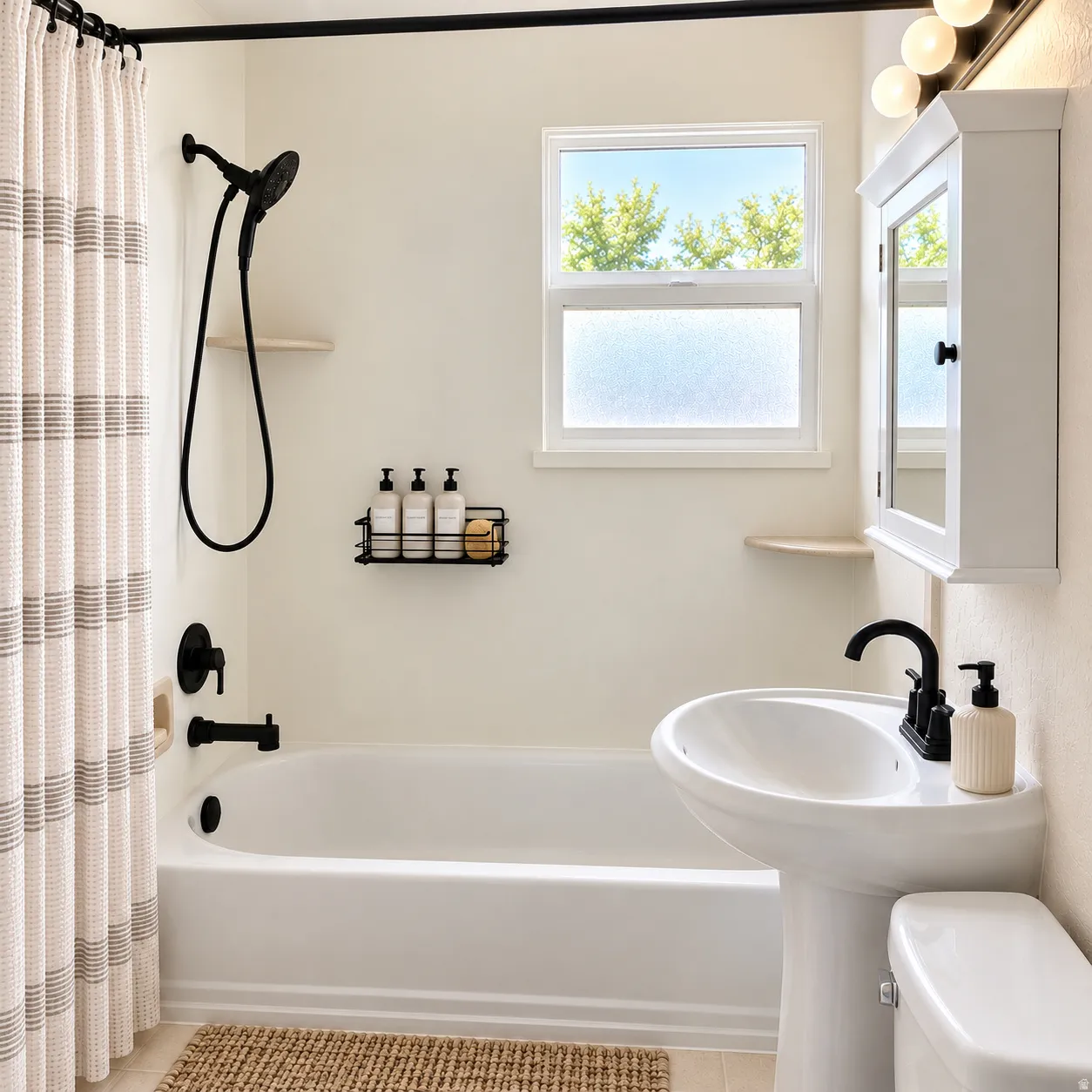 White pedestal sink with matte black faucet, full bathtub with matching matte black fixtures, white-framed window, and wall-mounted medicine cabinet