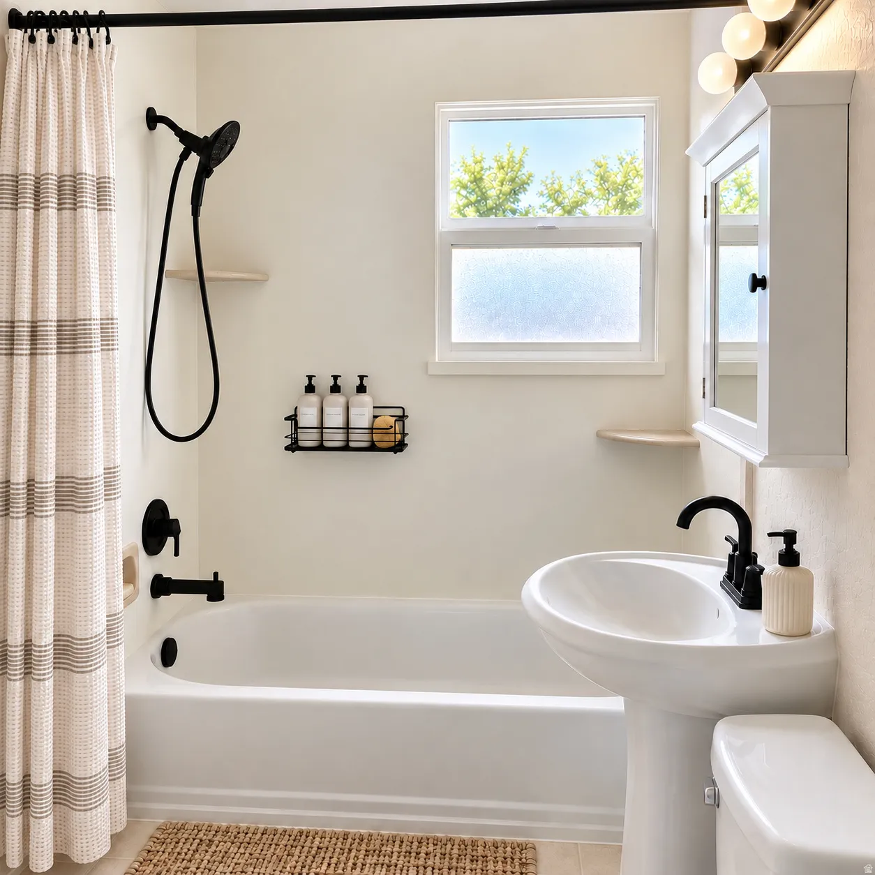 White pedestal sink, white tub, black plumbing fixtures, white framed window, and wall-mounted medicine cabinet