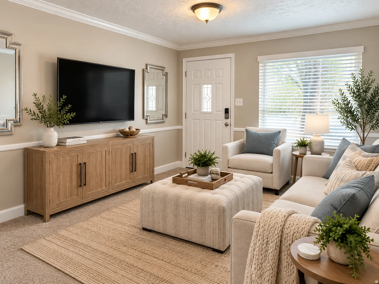 Crown molding, chair rail molding, recessed panel door, wood-finish flooring, and a large window with blinds