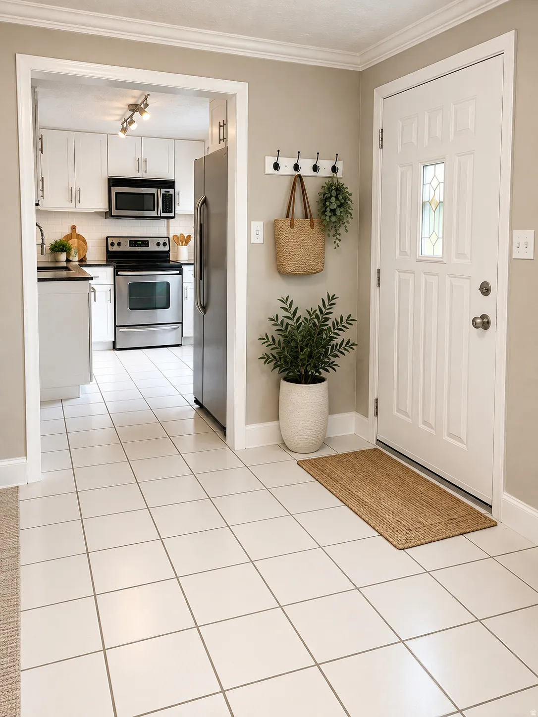 White tile flooring extending throughout, leading to an entryway with a panel door featuring a decorative glass insert