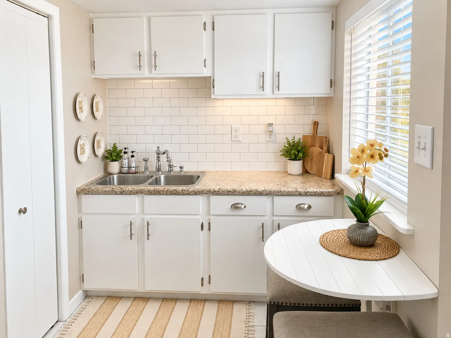 White cabinetry with brushed nickel hardware, subway tile backsplash, dual basin stainless steel sink, and speckled countertop
