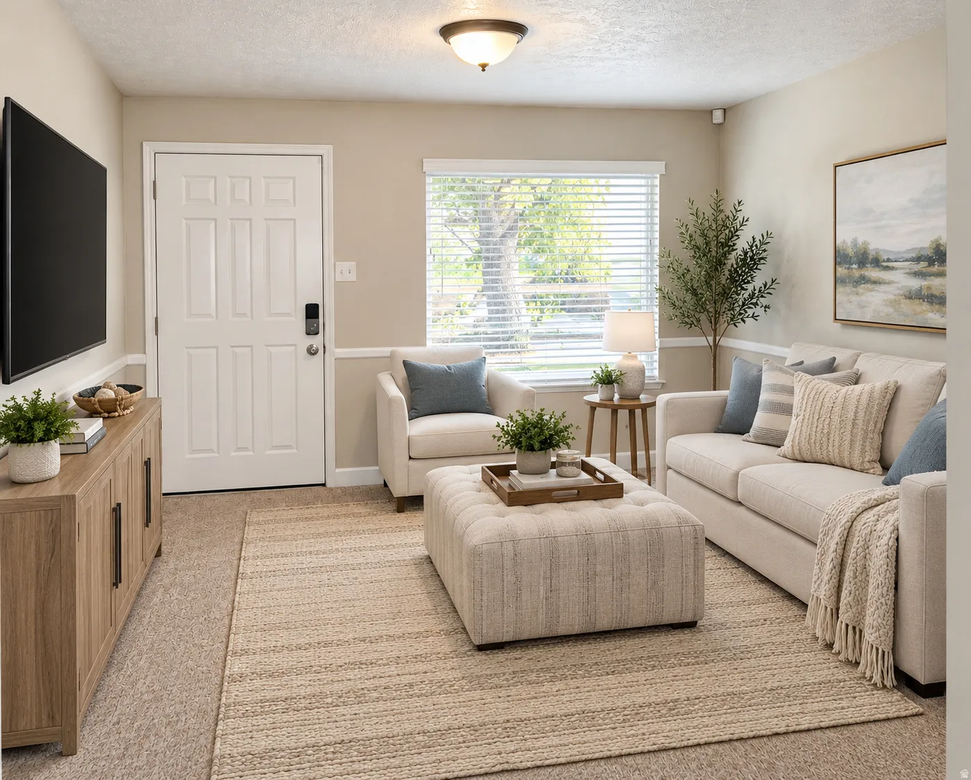 Neutral wall tones, panel door with smart lock, window with blinds, recessed ceiling light fixture, and carpeting