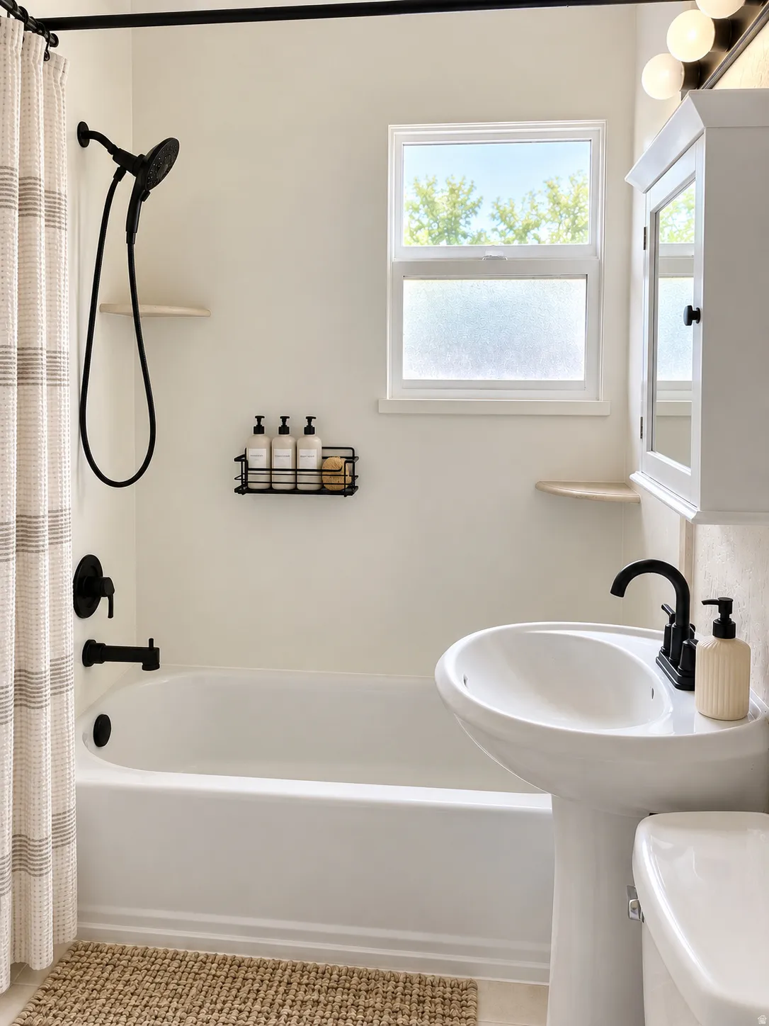 Pedestal sink with a matte black faucet, white bathtub with matte black fixtures, white-framed window, and a white wall-mounted cabinet