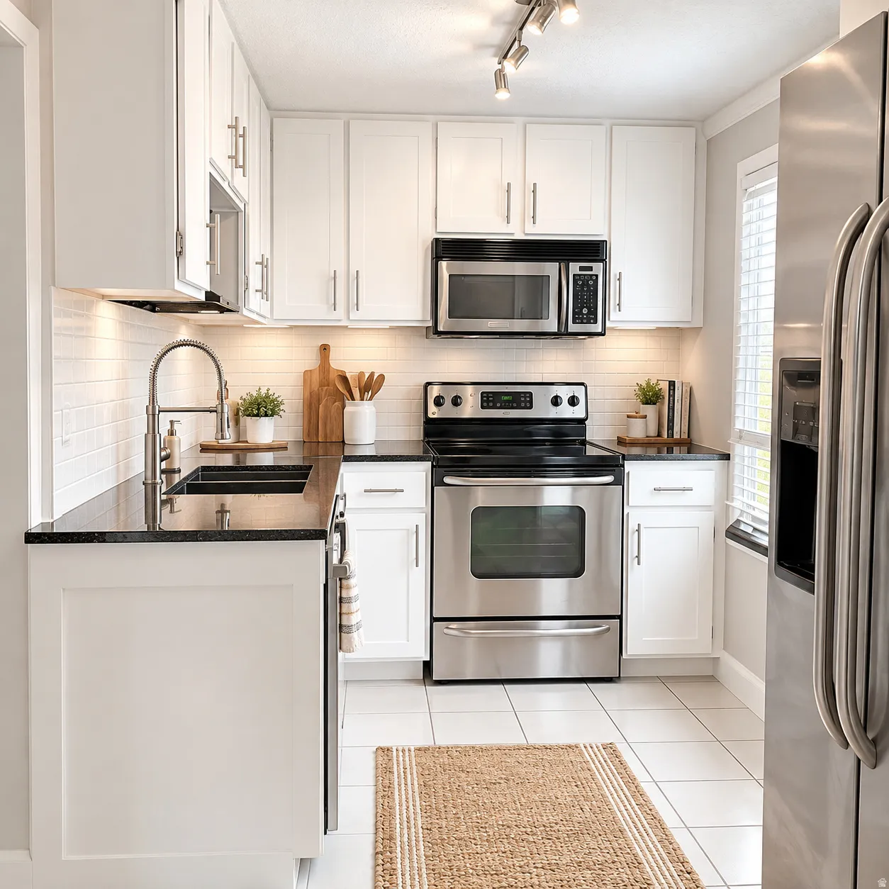 White cabinetry with brushed nickel hardware, stainless steel appliances, black countertops, white subway tile backsplash, and white tile flooring