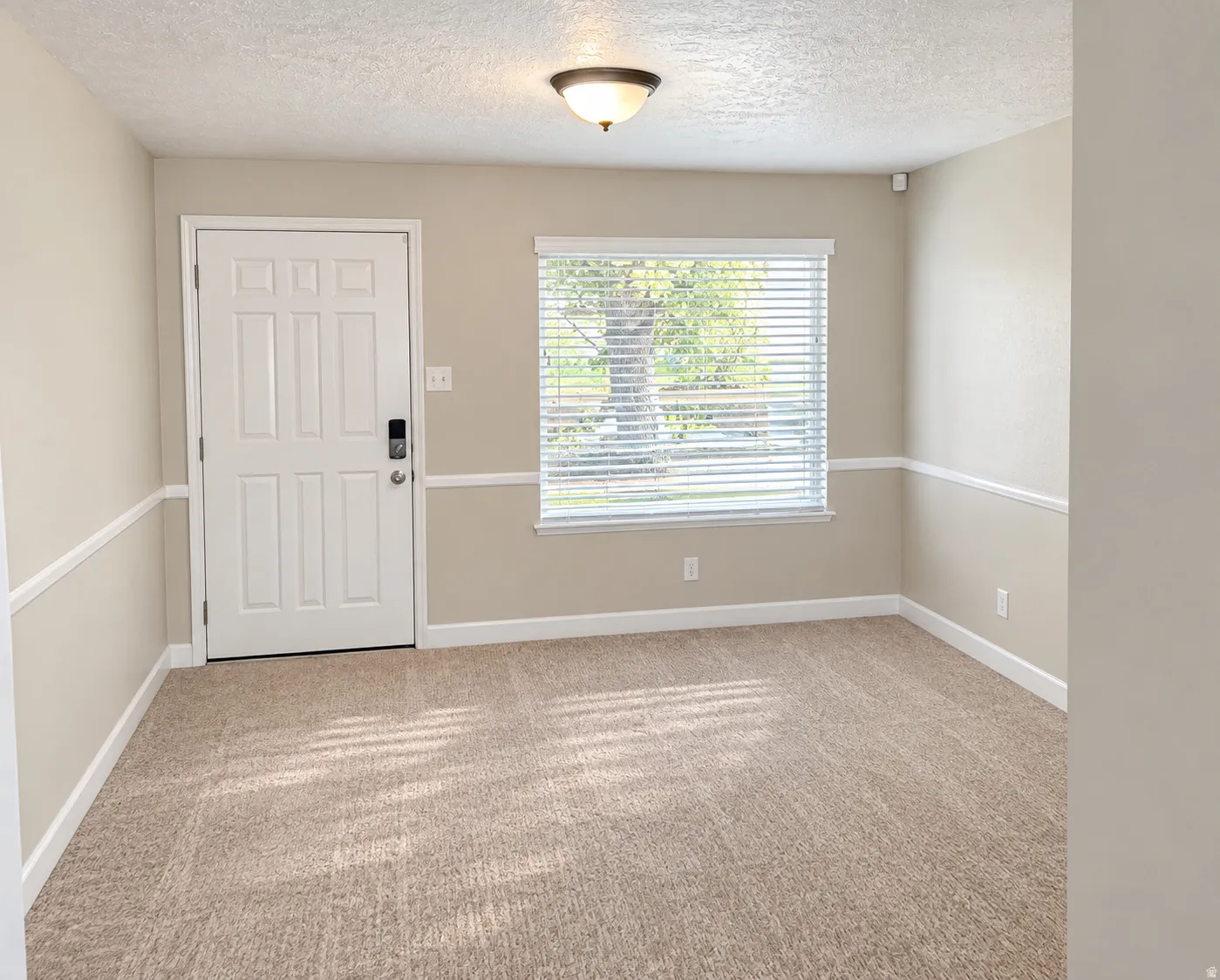 Neutral wall paint, white trim, paneled door, flush mount ceiling light, and textured carpet