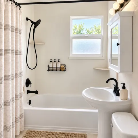 White pedestal sink with matte black faucet, full bathtub with matte black fixtures, and a white window with frosted lower pane