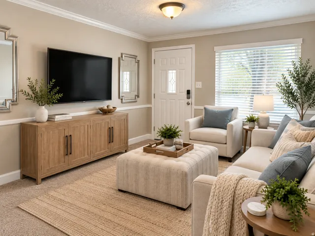 Crown molding, chair rail molding, recessed panel door, wood-finish flooring, and a large window with blinds