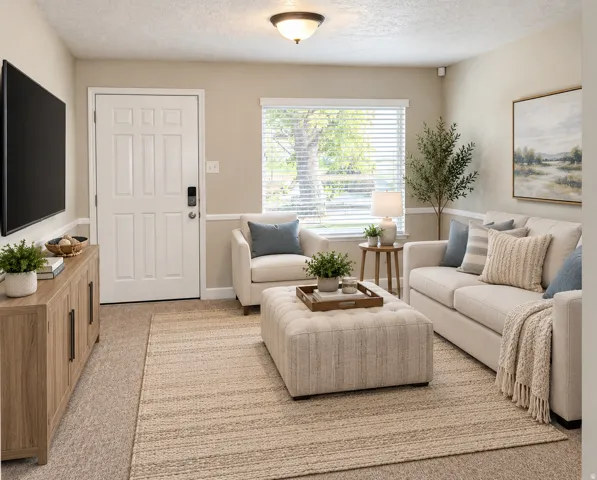 Neutral wall tones, panel door with smart lock, window with blinds, recessed ceiling light fixture, and carpeting