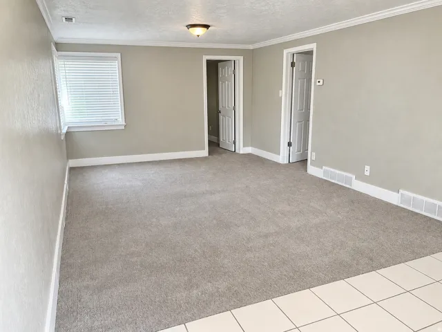 Carpeted living space featuring neutral wall tones, white trim, a window with blinds, and ceiling lighting