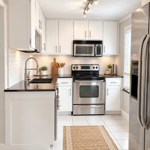 White cabinetry with brushed nickel hardware, stainless steel appliances, black countertops, white subway tile backsplash, and white tile flooring