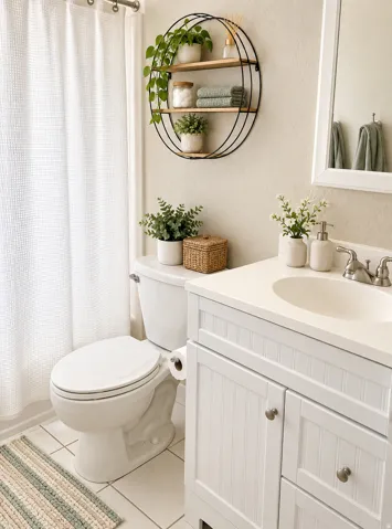 White beadboard vanity with an integrated sink and brushed nickel faucet