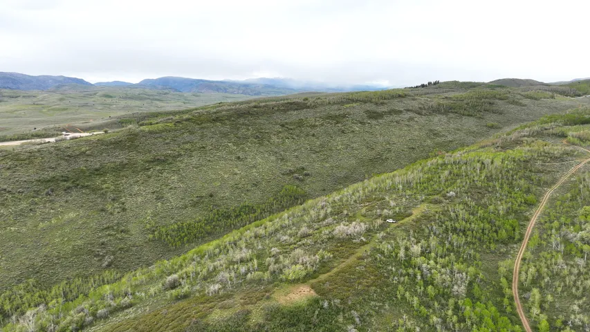 Expansive land featuring rolling hills, varied green foliage, distant mountains, and a visible unpaved road