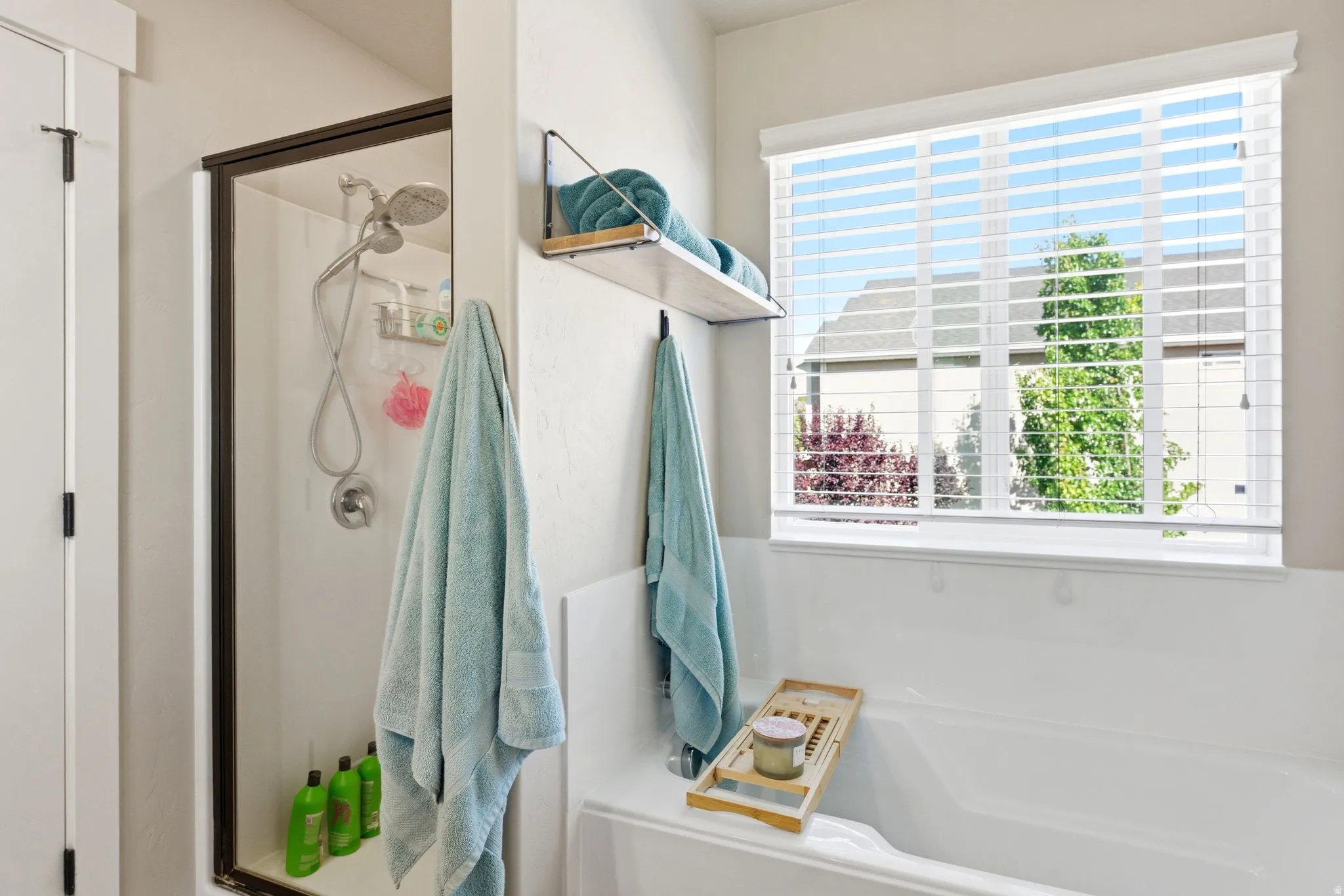 Shower and soaking tub combination with a privacy window