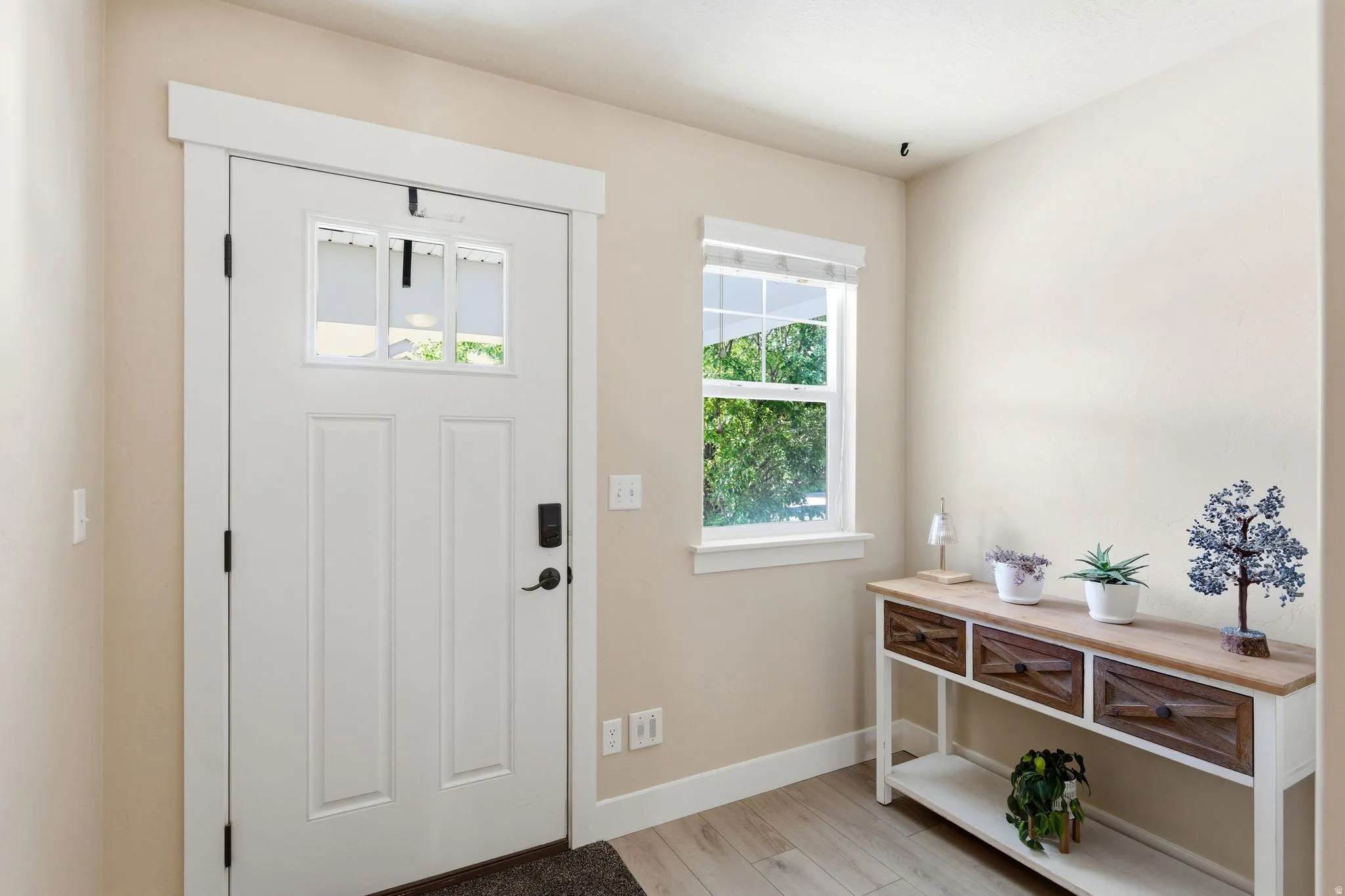 Entryway featuring a white paneled front door with upper glass inserts, light beige wall paint, wood-finish flooring, and a single-pane window