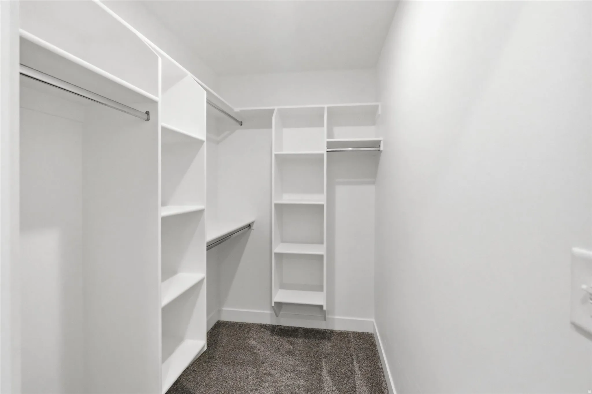 Walk-in closet featuring white built-in shelving, multiple hanging rods, and gray carpet flooring
