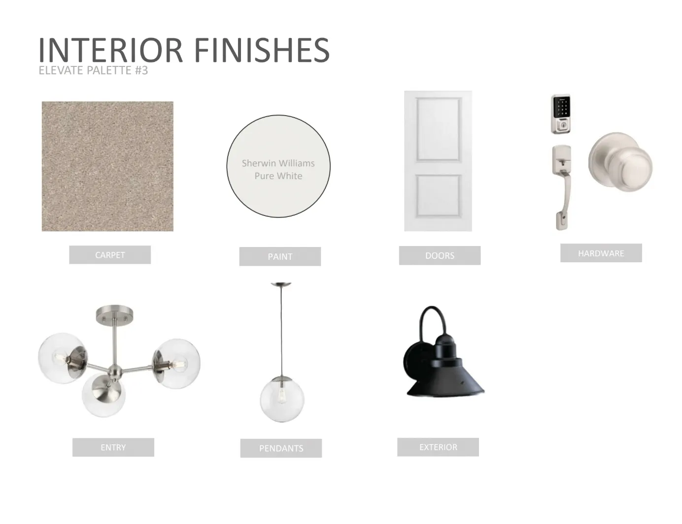 Interior Finishes, Illustrating various material and fixture selections for the property