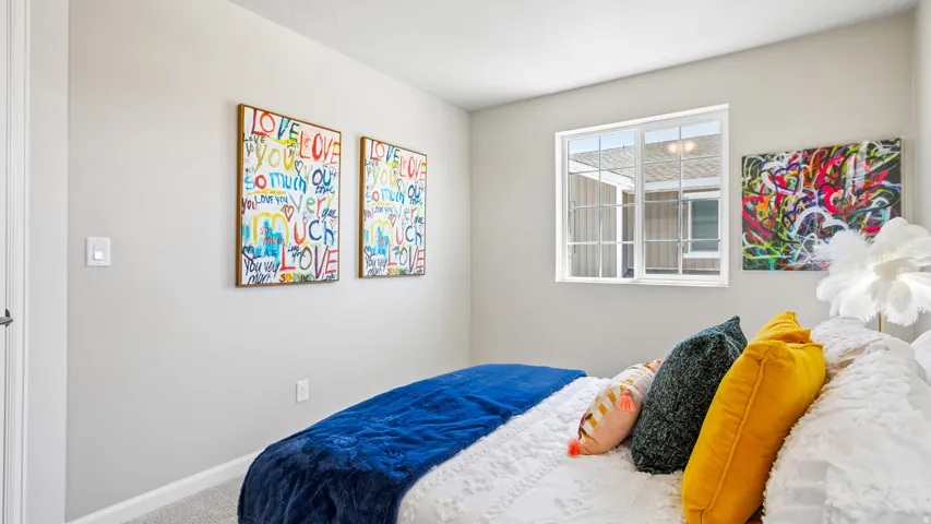 Bedroom featuring light gray wall paint, a single white window with grids, and light gray carpeting