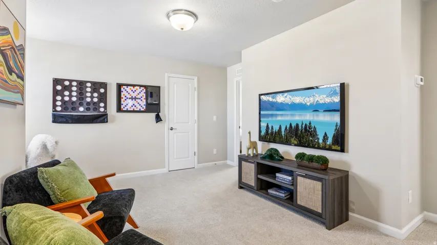 Carpeted interior space with a wall-mounted television and a white paneled door