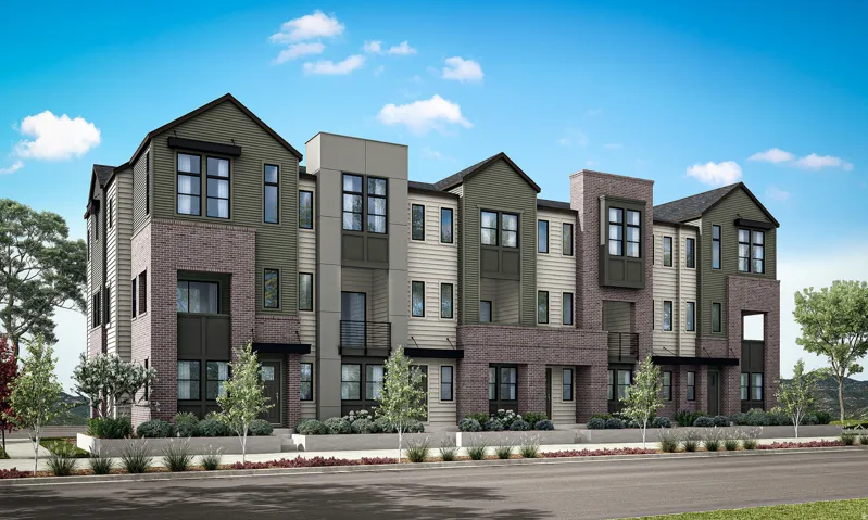 Contemporary multi-story facades featuring a mix of horizontal siding, vertical panels, and brick accents