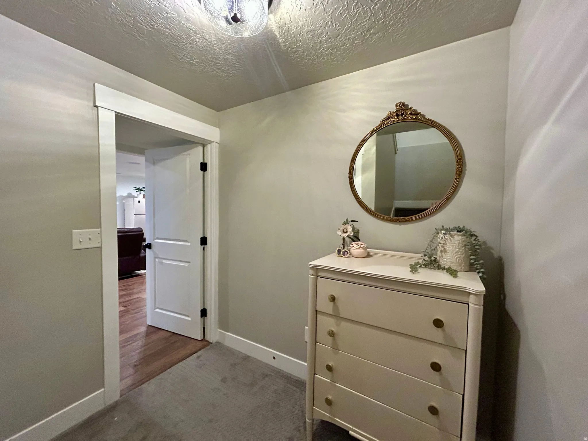 Neutral wall paint with white trim work, gray carpeting, and a flush mount ceiling light fixture