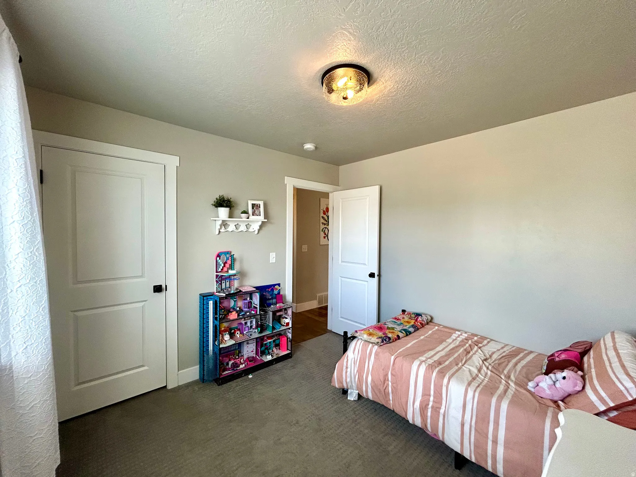 Light gray wall paint, two-panel interior doors with black hardware, and textured ceiling finish