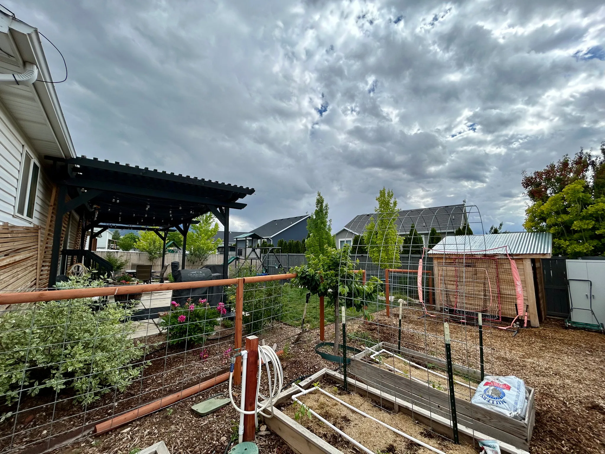Rear yard featuring a dark-stained wooden pergola, a dedicated gardening area with raised beds, and a storage shed with a corrugated metal roof