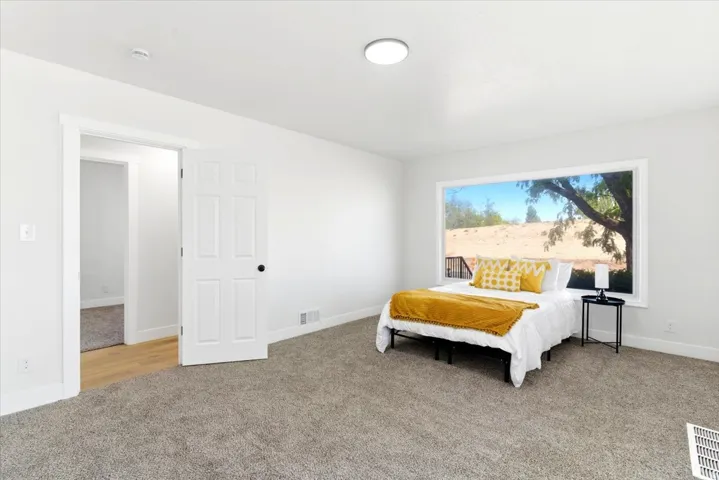 Bright interior bedroom featuring a large picture window, neutral wall tones, and plush carpeting