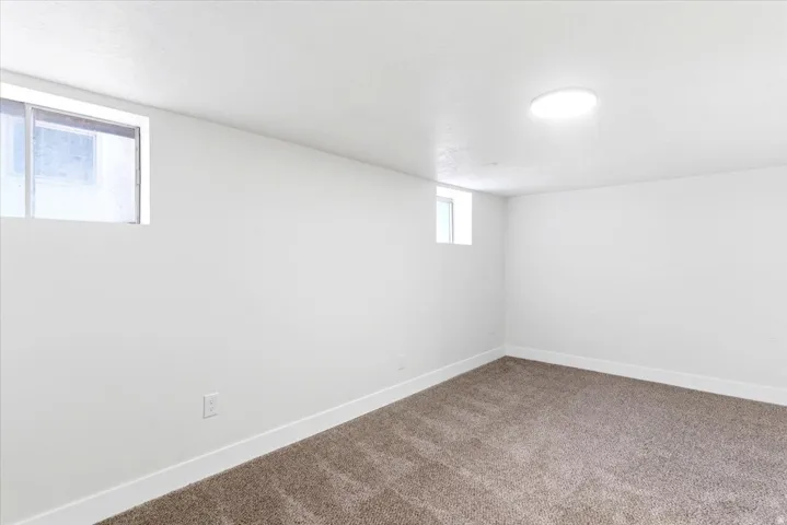 Bedroom featuring neutral carpet, white walls, two windows, and a flush-mount ceiling light