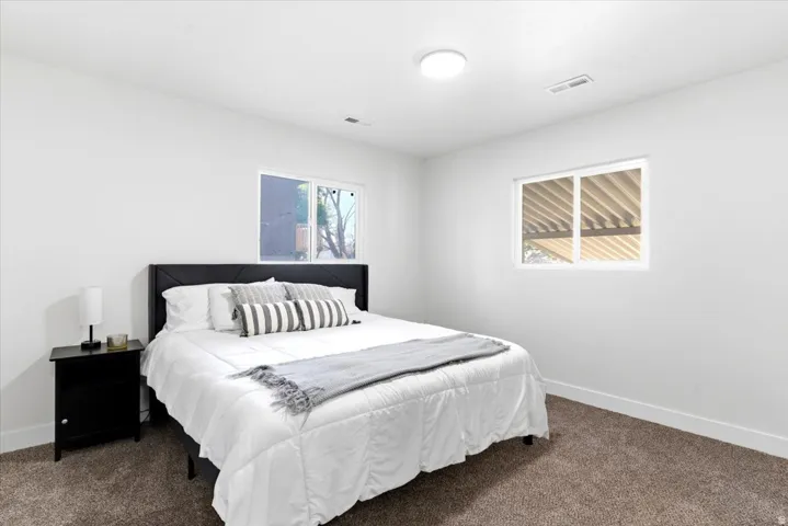 Bright primary bedroom featuring neutral-tone carpeting and white baseboards