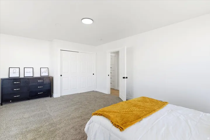 Carpeted interior with white walls and a white ceiling with a flush-mount light fixture