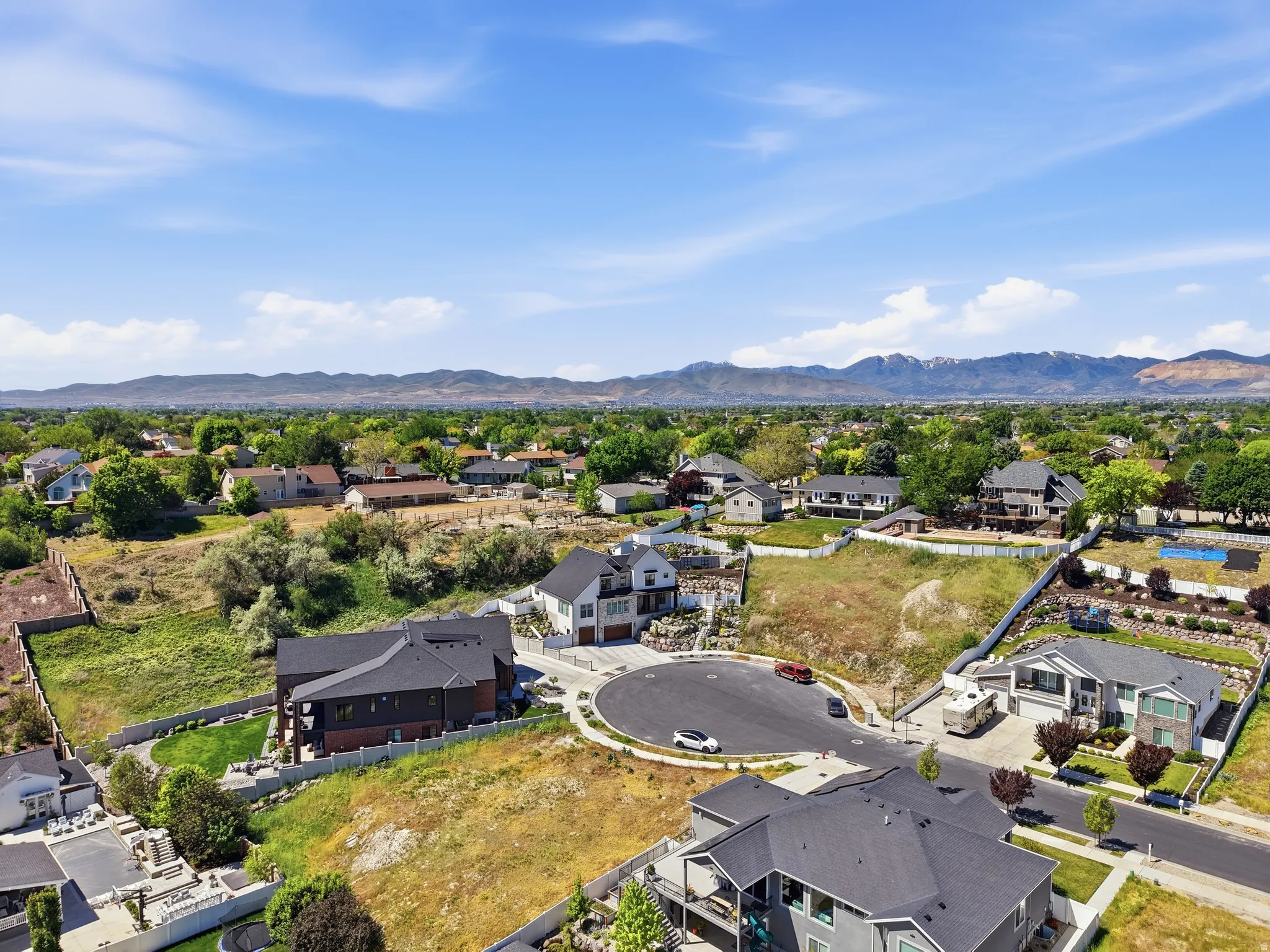 Aerial perspective showcasing a residential area with varied housing styles