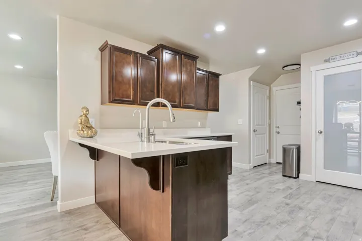 Kitchen island featuring a double basin sink with a gooseneck faucet, light-toned countertop, and dark wood-finish cabinetry