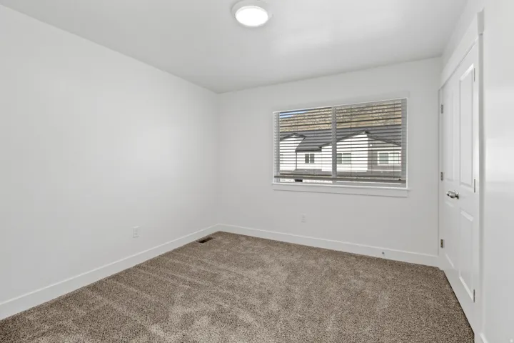 White-painted interior room featuring plush carpet flooring, a window with horizontal blinds, and a paneled door with a brushed nickel handle