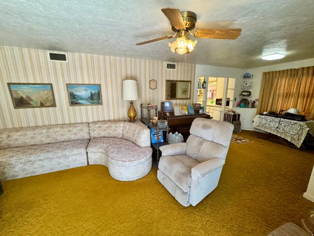 Living space featuring textured gold carpeting and striped wallpaper