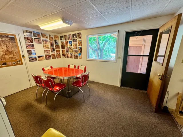 Carpeted room featuring a drop ceiling, white walls, and a window providing natural light