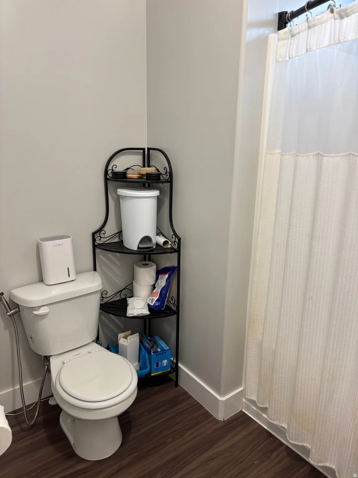 White toilet with bidet attachment, wood-finish flooring, and light gray wall paint