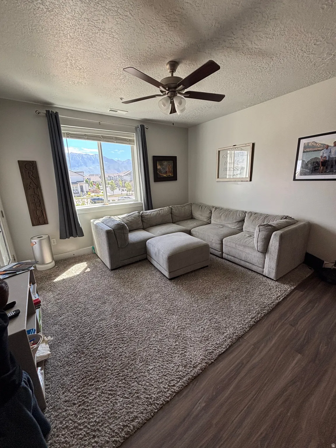 Bright living area featuring a large window with mountain scenery, a ceiling fan with integrated lighting, and a blend of carpet and wood-finish flooring