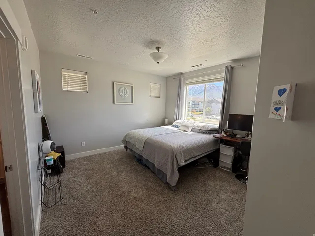 Carpeted room featuring light gray walls and a large window with a distant mountain backdrop
