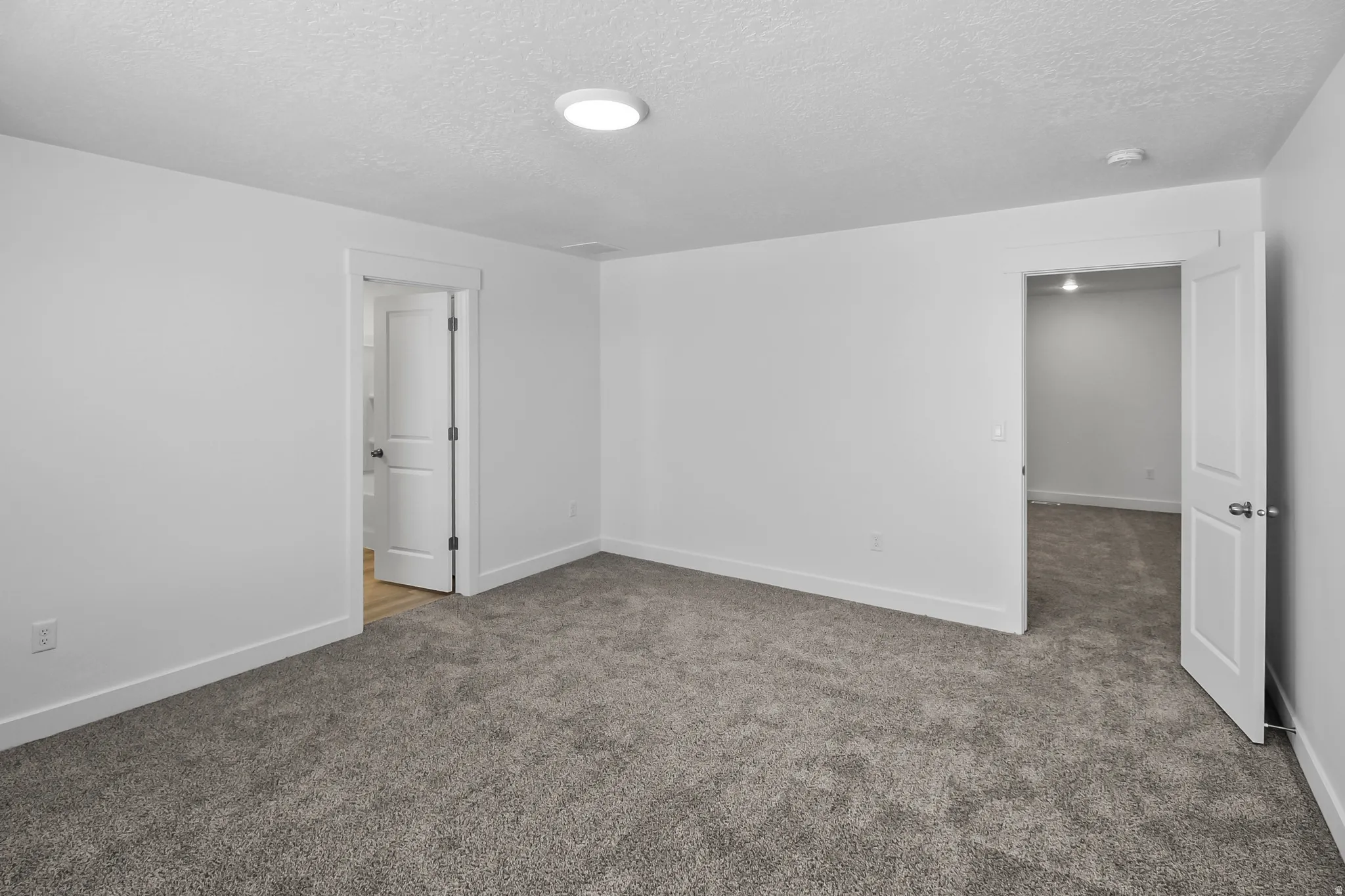 Room featuring new gray carpeting, white walls, and bright overhead lighting