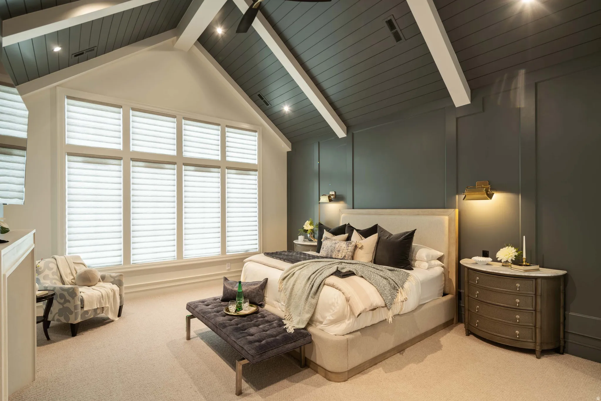 Vaulted planked ceiling with exposed beams