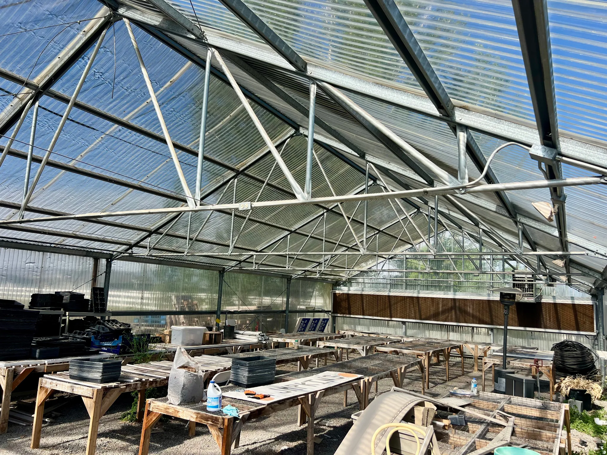 Spacious greenhouse structure featuring a clear corrugated roof and wall panels