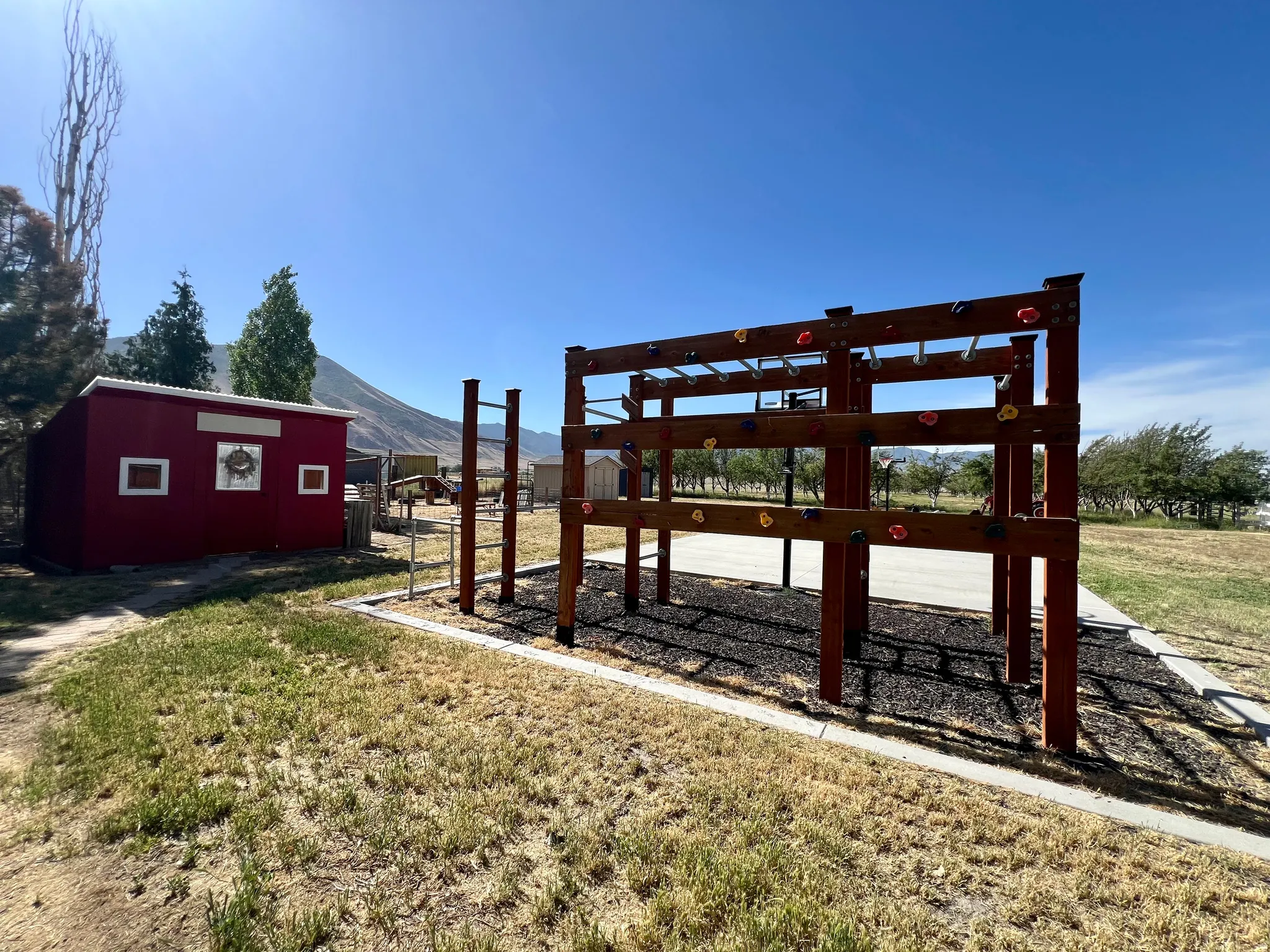 Outdoor recreational structure featuring monkey bars and rock climbing holds