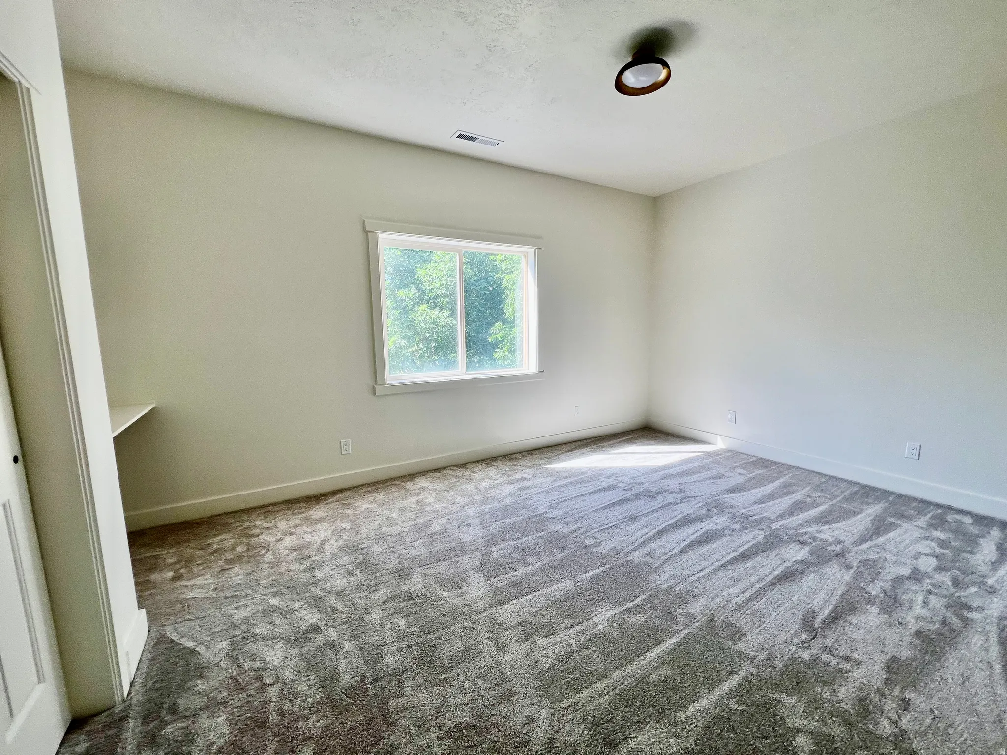 Spacious room featuring neutral-toned walls, textured gray carpeting, a large window, a built-in desk, and a ceiling-mounted light fixture