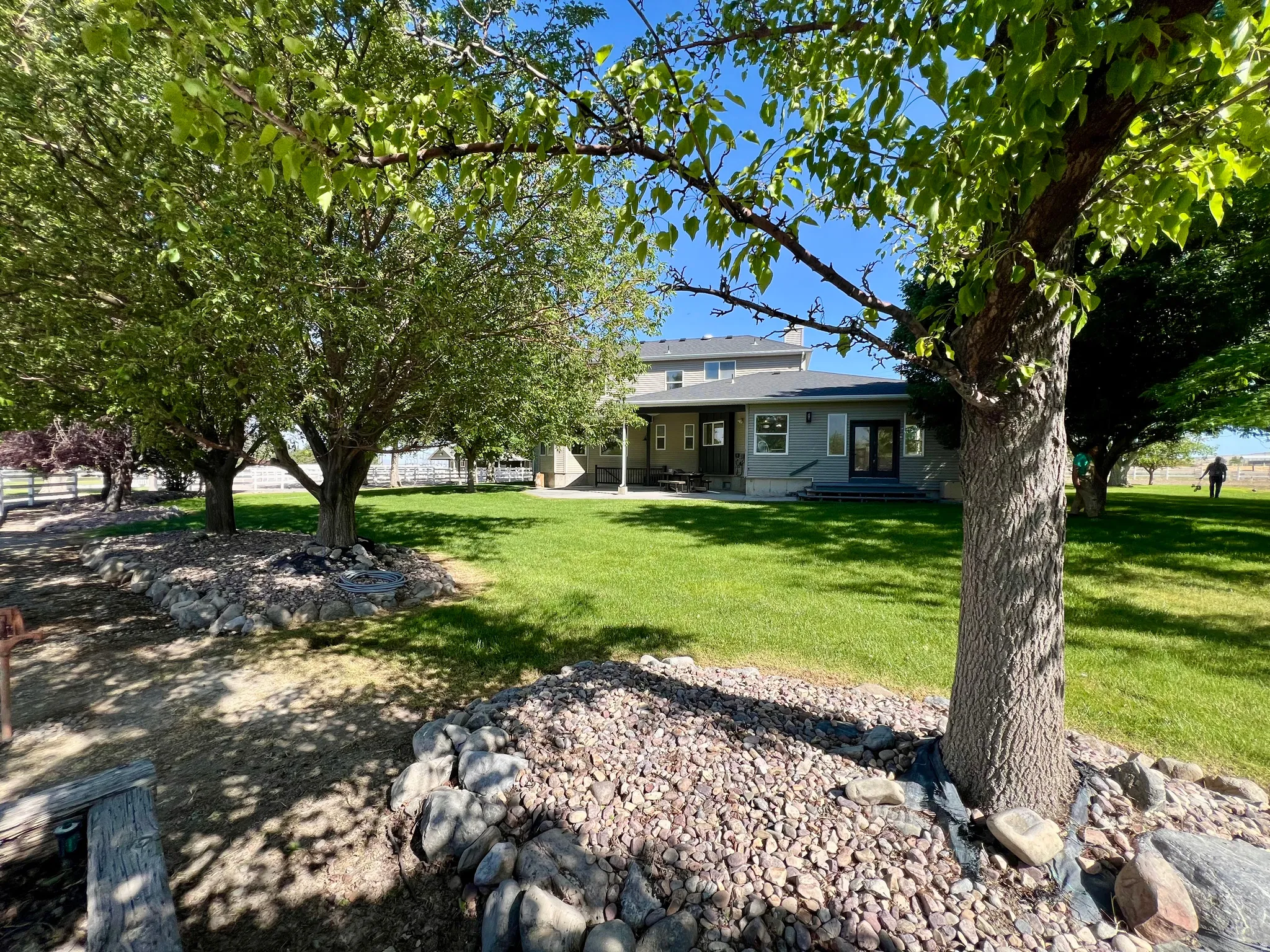 Expansive rear yard featuring a manicured lawn and mature shade trees