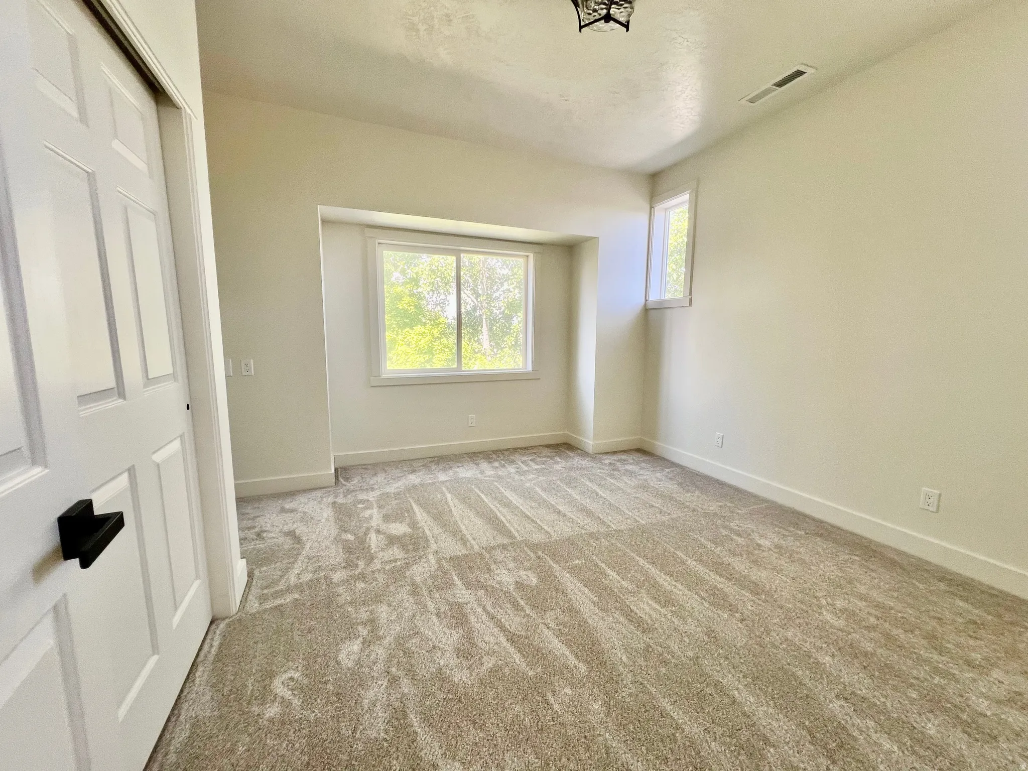 Bright room featuring two windows, neutral-toned carpet, and white trim