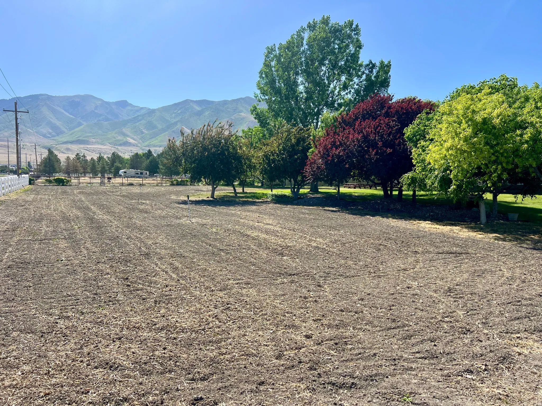 Expansive land parcel featuring cultivated earth and mature perimeter trees, bordered by a white fence line