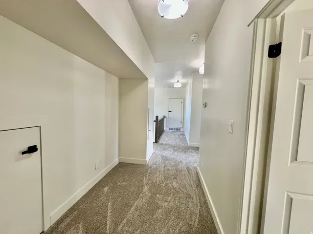 Carpeted hallway with white walls and baseboards, featuring flush-mount ceiling lighting fixtures and a built-in storage door with black hardware