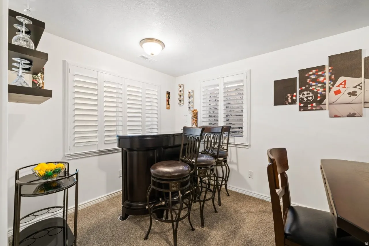 Indoor dry bar featuring carpet floors and a textured ceiling