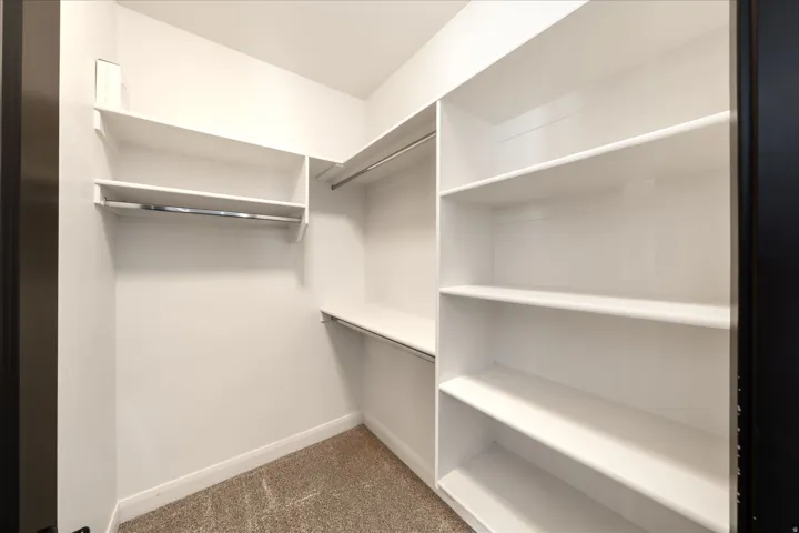 Walk-in closet featuring built-in white shelving, chrome hanging rods, and carpet flooring