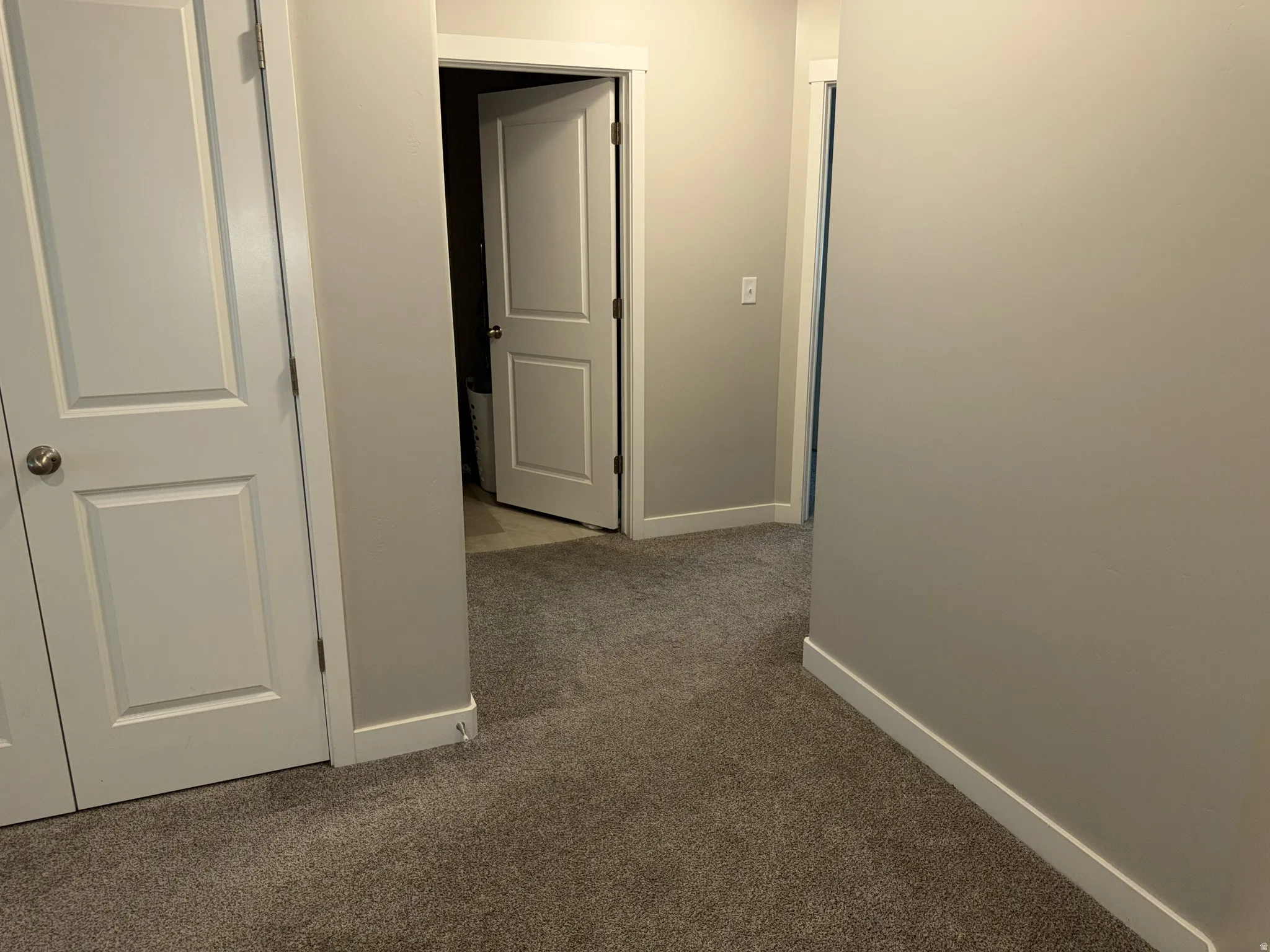 Carpeted hallway featuring light gray walls and white trim